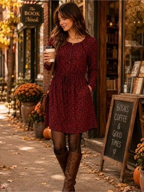 GAP Red Ditsy Floral Tie Waist Shirt Dress Small Cottagecore Rayon Pockets